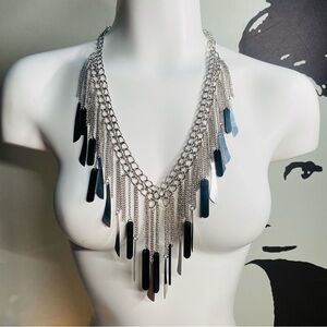 Statement Metallic Silver Tone Necklace With Multi Layer Chains